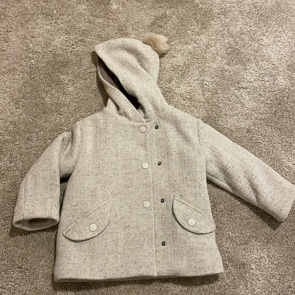 Zara girls 3-4 light gray herringbone hooded coat NWT